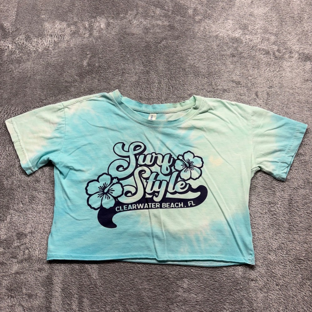 Surf Style Graphic T-Shirt Women XS Blue Tie Dye Excellent Crop Clearwater Beach